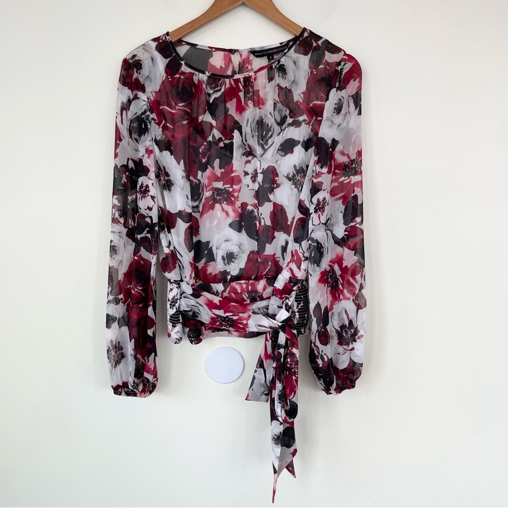 White House Black Market Floral Long Sleeve Blouse Red White Black size 8